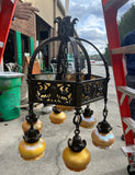 Vintage Heavy Brass Detailed Chandelier With Stained Glass Accents