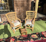 Pair of Miniature Wicker Chairs With Floral Cushions and Matching Ottoman