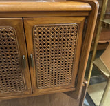 Pair of Wooden Mid-Century End Tables With Caned Accents and Deep Storage