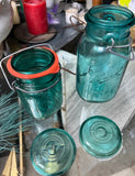Pair of Teal Blue Glass Vintage Ball Jars With Lids