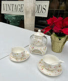 Glass and Ceramic Tea Set With Painted Pink Rose Details- Set of 9