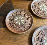 Collection of Hand Carved Wooden Coasters With Holder