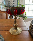 1970s Handblown, Red Glass and Brass Tall Chalice