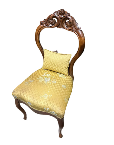 Mid Century Modern Wooden Carved Chair With Yellow Cushions and Attached Pillow
