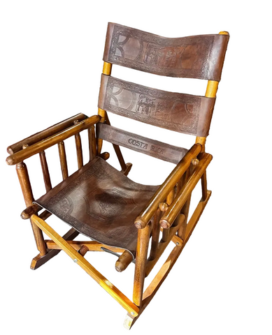 Wooden and Leather Handmade Rocking Chair With Costa Rica Birds Design