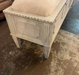Vintage White Wooden Detailed Carved Bench With Cushion