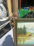 Gold and Green Framed Riverside Painting With Colorful Foliage and Mountains