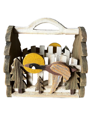 Vintage Folk Art Flying Goose and Sunrise Scene on Wooden Basket