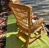 Pair of Miniature Wicker Chairs With Floral Cushions and Matching Ottoman