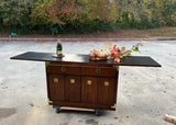 1970s Thomasville Campaign Style Walnut Bar Cart With Cabinet and Extendable Flip Top