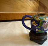 Vintage Blue Cloisonné Floral Teapot With Wooden Stand