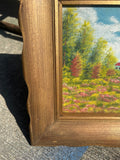 Small Signed Gold Framed Farmhouse and Foliage Landscape Painting on Canvas