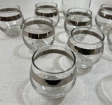 1970s Collection of Small Glasses and Matching Pitcher With Silver Accents- Set of 11