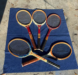 Collection of Vintage Miscellaneous Wooden Tennis Rackets With Red Accents
