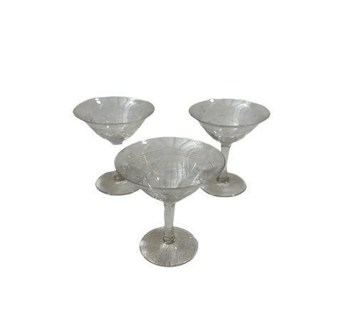 Trio of Small Champagne Glasses With Etched Leaf Details, 1970s