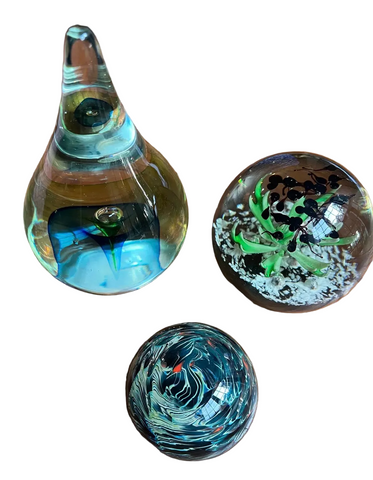 Trio of Green and Blue Glass Paperweights