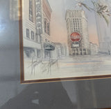 Signed and Framed Cityscape Drawing With Coca Cola Sign and Theater
