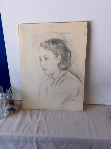 Vintage Black-And-White Portrait Pencil Sketch of Woman