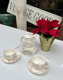Glass and Ceramic Tea Set With Painted Pink Rose Details- Set of 9