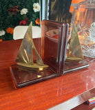 Pair of Brass Nautical Sailboat Bookends With Lucite Base