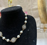 Vintage Mixed Metal Flower Charm and Pearl Necklace