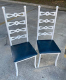 Pair of 1970s Italian Style White Metal Chairs With Navy Blue Leather Cushions