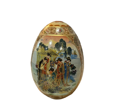 Small Asian Ceramic Detailed Decorative Egg With Gold Accents