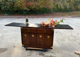 1970s Thomasville Campaign Style Walnut Bar Cart With Cabinet and Extendable Flip Top