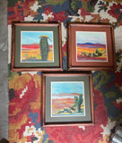 Trio of Desert Cactus Paintings in Wooden Frames