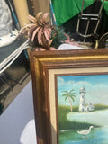 Lighthouse and Egrets Seascape Painting on Canvas, Signed by the Artist, Framed