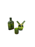 Trio of Green Glass Bottles and Candle Holder