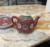 Miniature Set of Vintage Asian Ceramic Cups, Teapot, and Tray- 5 Pieces Total