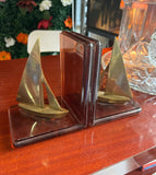 Pair of Brass Nautical Sailboat Bookends With Lucite Base