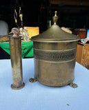 Vintage Footed Pierced Brass Coal Scuttle Bucket and Tall Duck Matchstick Holder
