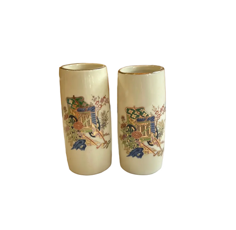 Pair of Miniature Vintage Skinny Asian Style Vases With Floral Accents
