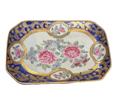 Detailed Floral Vintage Ceramic Petite Tray With Gold Accents