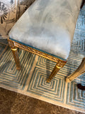 Long Gilded Gold Wooden Bench With a Light Blue Velvet Cushion