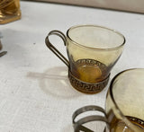 Amber Colored Glasses With Brass Handles and Greek Key Accents- Set of 4