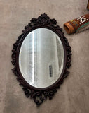 Dark Wooden Oval Mirror and Console Table With Marble Top Pair