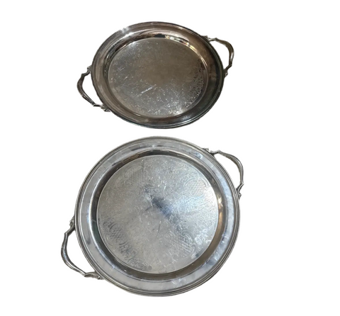 Pair of Large Round Silver Etched Serving Trays