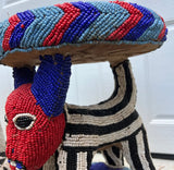 Red and Blue Wooden Hand Beaded African Stool