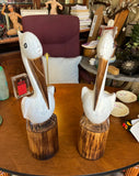 Pair of Wooden Painted Pelican Sculptures