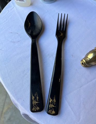 Chinoserie Asian Large Serving Spoon and Fork