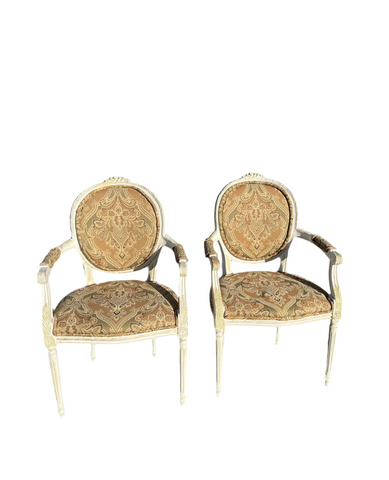 Pair of Vintage White Wooden Chairs With Designed Fabric