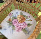 Pair of Miniature Wicker Chairs With Floral Cushions and Matching Ottoman