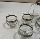 1970s Collection of Small Glasses and Matching Pitcher With Silver Accents- Set of 11
