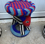 Red and Blue Wooden Hand Beaded African Stool