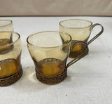 Amber Colored Glasses With Brass Handles and Greek Key Accents- Set of 4