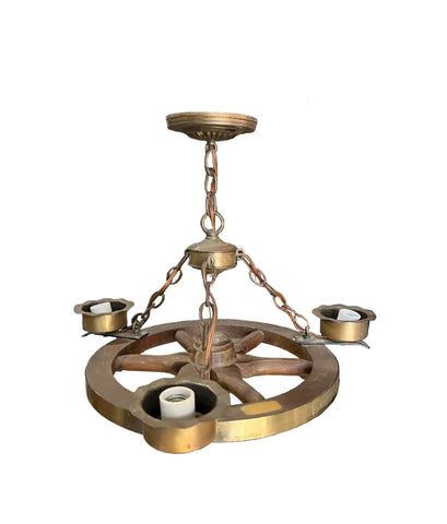 Vintage Wooden and Brass Captains Wheel Chandelier