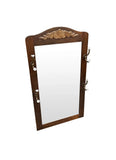 1970s Mid-Century Wooden Wall Mirror With Brass and Porcelain Coat Hooks